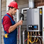 A professional technician performing tankless water heater maintenance on an outdoor unit.