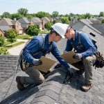 Roof maintenance inspection with two professionals checking asphalt shingles on a home roof